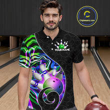 Load image into Gallery viewer, Men’s green neon wave bowling polo shirt, front view on male model in bowling lane 