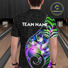Load image into Gallery viewer, Men’s green neon wave bowling polo shirt, back view on male model in bowling lane 