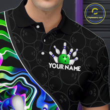Load image into Gallery viewer, Men’s green neon wave bowling polo shirt, angled front view showing custom team design