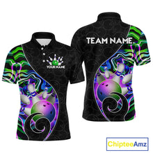 Load image into Gallery viewer, Men’s green neon wave strike bowling shirt with custom name, front view polo design on white background