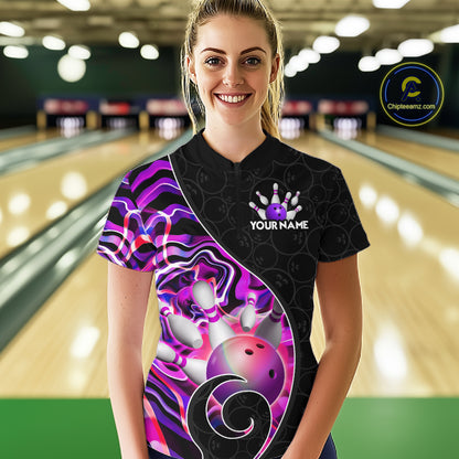Women’s purple neon wave bowling quarter zip shirt, front view on female model in bowling lane