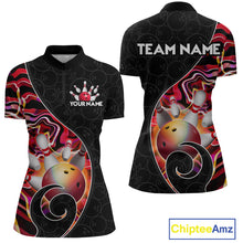Load image into Gallery viewer, Women’s red neon wave strike bowling shirt with custom name, front view quarter zip design on white background
