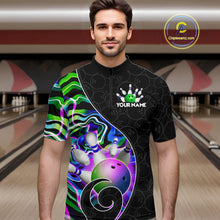 Load image into Gallery viewer, Men’s green neon wave bowling quarter zip shirt, front view on male model in bowling lane 