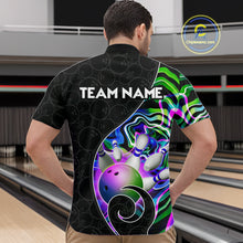 Load image into Gallery viewer, Men’s green neon wave bowling quarter zip shirt, front back on male model in bowling lane 