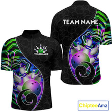 Load image into Gallery viewer, Men’s green neon wave strike bowling shirt with custom name, front view quarter zip design on white background