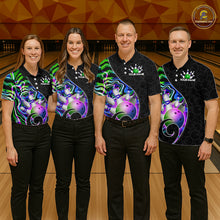 Load image into Gallery viewer, Group of male bowlers in green neon wave team shirts, personalized bowling uniforms front view.