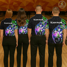 Load image into Gallery viewer, Group of male bowlers in green neon wave team shirts, personalized bowling uniforms back view.
