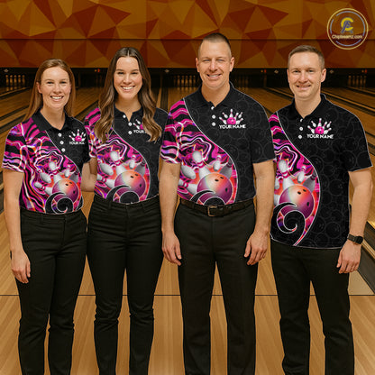 Group of  bowlers in pink neon wave team shirts, personalized bowling uniforms front view.