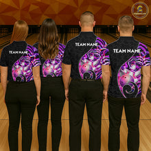 Load image into Gallery viewer, Group of male bowlers in purple neon wave team shirts, personalized bowling uniforms back view