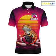 Load image into Gallery viewer, Custom retro sunset bearded dragon bowling jersey for men, personalized team bowling polo shirt front view