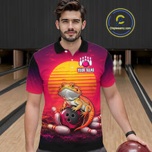 Load image into Gallery viewer, Men’s retro sunset bearded dragon bowling polo shirt, front view on male model in bowling lane 