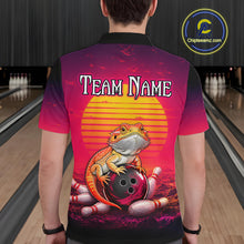 Load image into Gallery viewer, Men’s retro sunset bearded dragon bowling polo shirt, back view on male model in bowling lane 