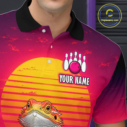 Men’s retro sunset bearded dragon bowling polo shirt with custom name, angled front view showing custom team design 