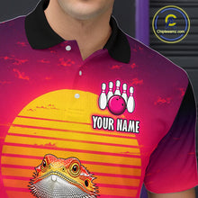Load image into Gallery viewer, Men’s retro sunset bearded dragon bowling polo shirt with custom name, angled front view showing custom team design 