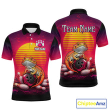 Load image into Gallery viewer, Custom retro sunset bearded dragon bowling jersey for men, personalized team bowling polo shirt front view and back view