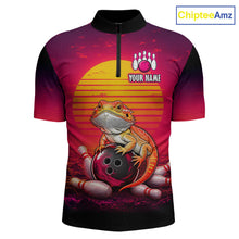 Load image into Gallery viewer, Custom retro sunset bearded dragon bowling jersey for men, personalized team bowling quarter zip shirt front view