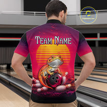 Load image into Gallery viewer, Men’s retro sunset bearded dragon bowling quarter zip shirt, back view on male model in bowling lane 