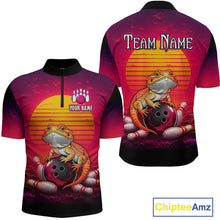 Load image into Gallery viewer, Custom retro sunset bearded dragon bowling jersey for men, personalized team bowling quarter zip shirt front view and back view