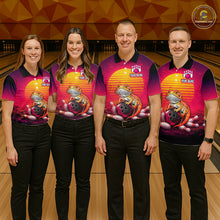 Load image into Gallery viewer, Group of bowlers in retro sunset bearded dragon team shirts, personalized bowling uniforms front view.