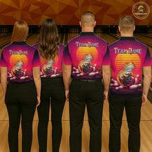 Load image into Gallery viewer, Group of bowlers in retro sunset bearded dragon team shirts, personalized bowling uniforms back view.