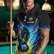 Load image into Gallery viewer, Person wearing a black polo shirt with a panther and pool ball design, holding a pool cue in a billiards setting.