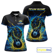 Load image into Gallery viewer, Black polo shirt with panther and 8-ball design, customizable text on front and back, Chiptee Amz branding.