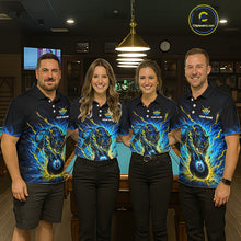 Load image into Gallery viewer, Four people wearing matching blue and yellow polo shirts with a panther design in a bar setting.