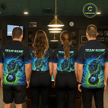 Load image into Gallery viewer, Four people wearing matching bowling shirts with a panther design in a bowling alley.