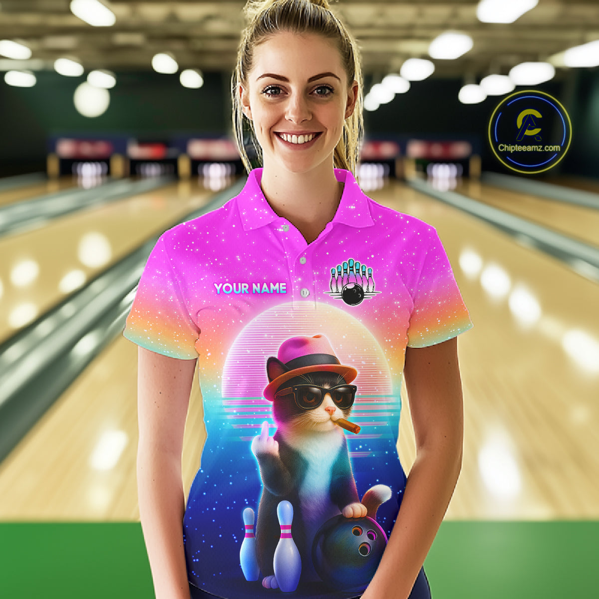 Custom Funny Cat Bowling Shirt for Women Retro Wave Bowling Team Jersey Polo & 1/4 Zip HNT200
