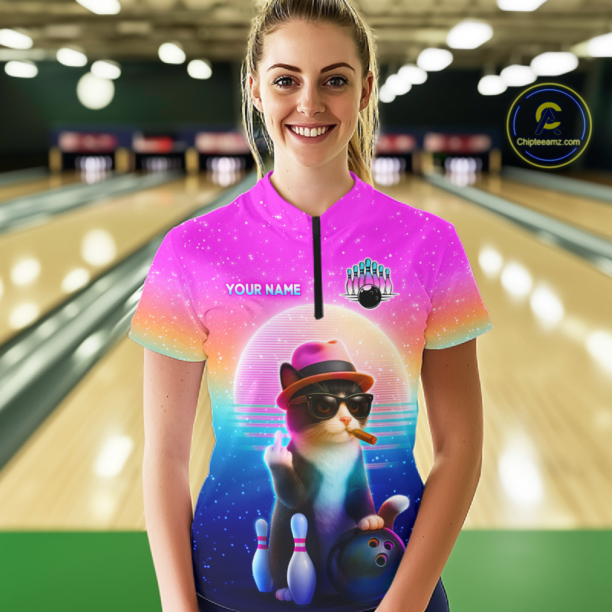 Custom Funny Cat Bowling Shirt for Women Retro Wave Bowling Team Jersey Polo & 1/4 Zip HNT200