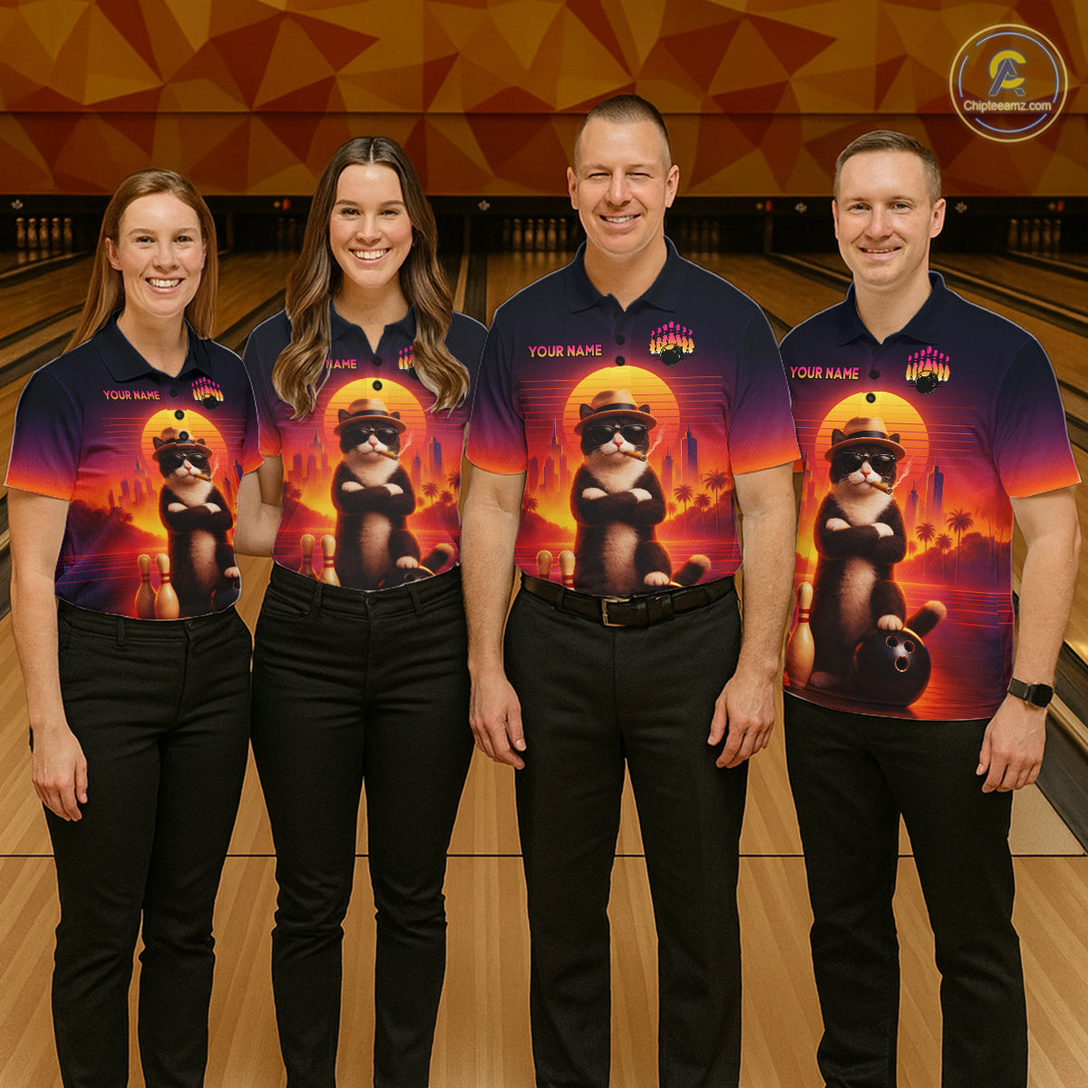 Custom Funny Cat Retro Bowling Jersey for Women Bowling Polo & 1/4 Zip Bowling Team Shirts HNT199