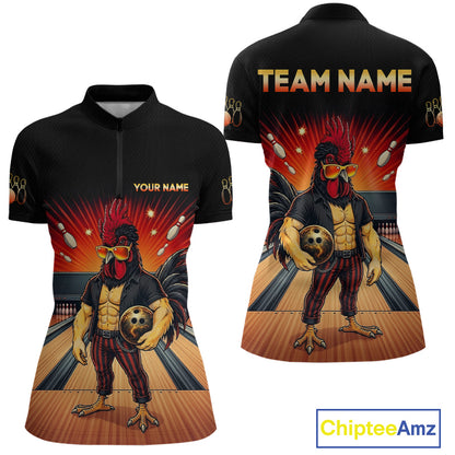 Custom funny rooster bowling jersey for women, personalized team bowling quarter zip shirt front view and back view