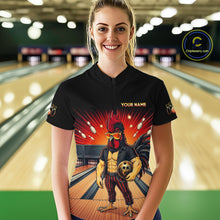 Load image into Gallery viewer, Women’s funny rooster bowling quarter zip shirt, front view on female model in bowling lane 