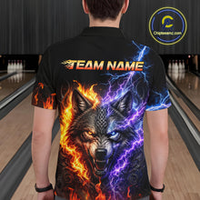 Load image into Gallery viewer, Men’s fire lightning wolf bowling polo shirt, back view on male model in bowling lane 