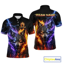 Load image into Gallery viewer, Custom fire lightning wolf bowling jersey for men, personalized team bowling polo shirt front view and back view 
