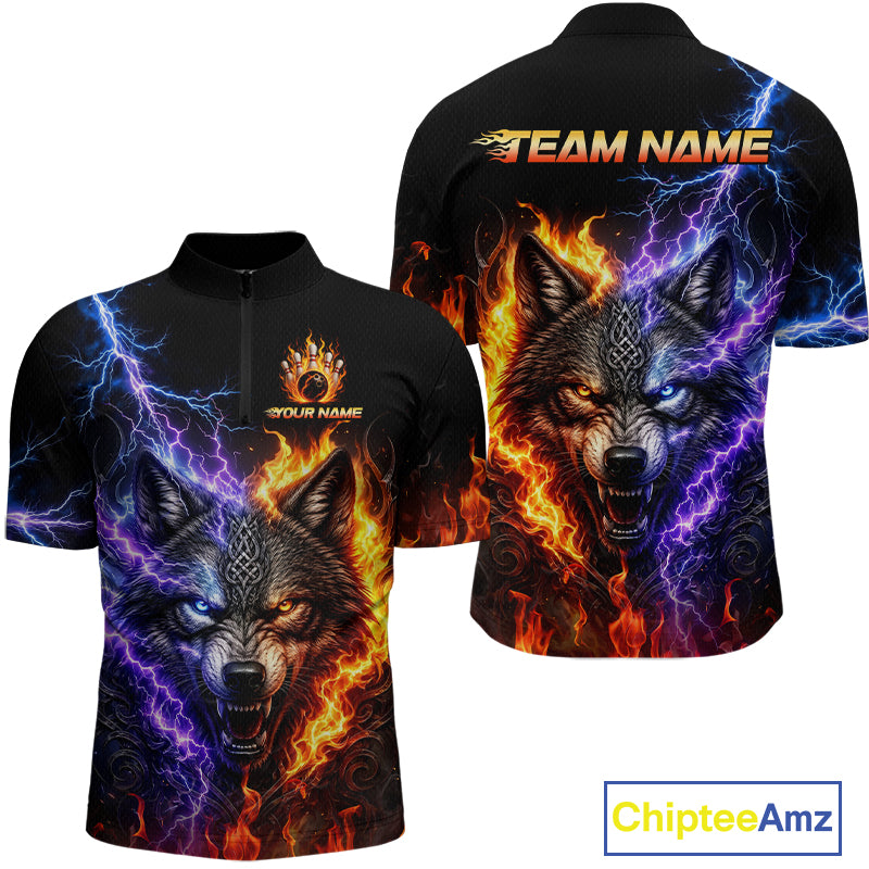 Custom fire lightning wolf bowling jersey for men, personalized team bowling quarter zip shirt front view and back view 