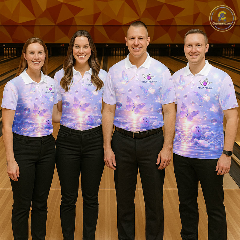 Custom Butterfly Pastel Purple Bowling Shirts For Women, Bowling Team Shirt With Butterflies HNT278
