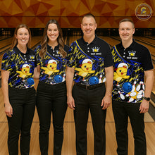 Load image into Gallery viewer, Four people wearing matching bowling shirts with a chicken and ball design on a bowling alley.