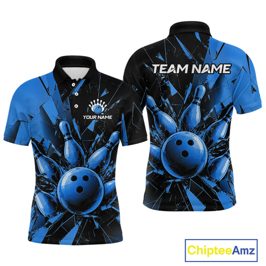Custom bowling-themed short-sleeve polo shirt shown from both front and back views. The design features a glossy blue bowling ball and pins bursting from behind a black and blue cracked glass pattern.