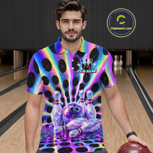 Load image into Gallery viewer, Men’s neon cosmic bowling polo shirt, front view on male model in bowling lane 
