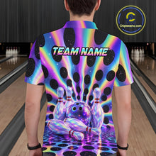 Load image into Gallery viewer, Men’s neon cosmic bowling polo shirt, back view on male model in bowling lane 