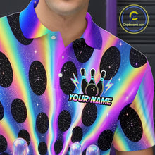 Load image into Gallery viewer, Men’s neon cosmic bowling polo shirt with custom name, angled front view showing custom team design 
