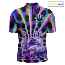 Load image into Gallery viewer, Custom neon cosmic bowling jersey for men, personalized team bowling quarter zip shirt front view