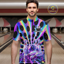 Load image into Gallery viewer, Men’s neon cosmic bowling quarter zip shirt, front view on male model in bowling lane 