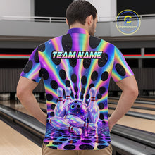 Load image into Gallery viewer, Men’s neon cosmic bowling quarter zip shirt, back view on male model in bowling lane 