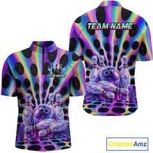 Load image into Gallery viewer, Custom neon cosmic bowling jersey for men, personalized team bowling quarter zip shirt front view and back view