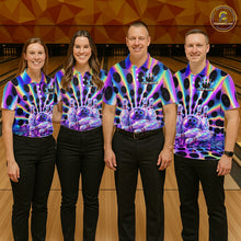 Load image into Gallery viewer, Group of bowlers in neon cosmic team shirts, personalized bowling uniforms front view.