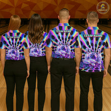 Load image into Gallery viewer, Group of bowlers inneon cosmic team shirts, personalized bowling uniforms back view.