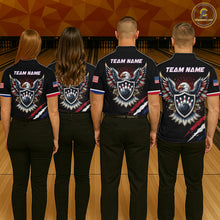 Load image into Gallery viewer, Four people wearing bowling shirts with team logos on a bowling alley.