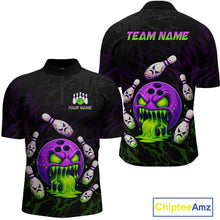 Load image into Gallery viewer, Black bowling-themed shirt with purple bowls and green text, featuring 'Chiptee Amz' branding.
